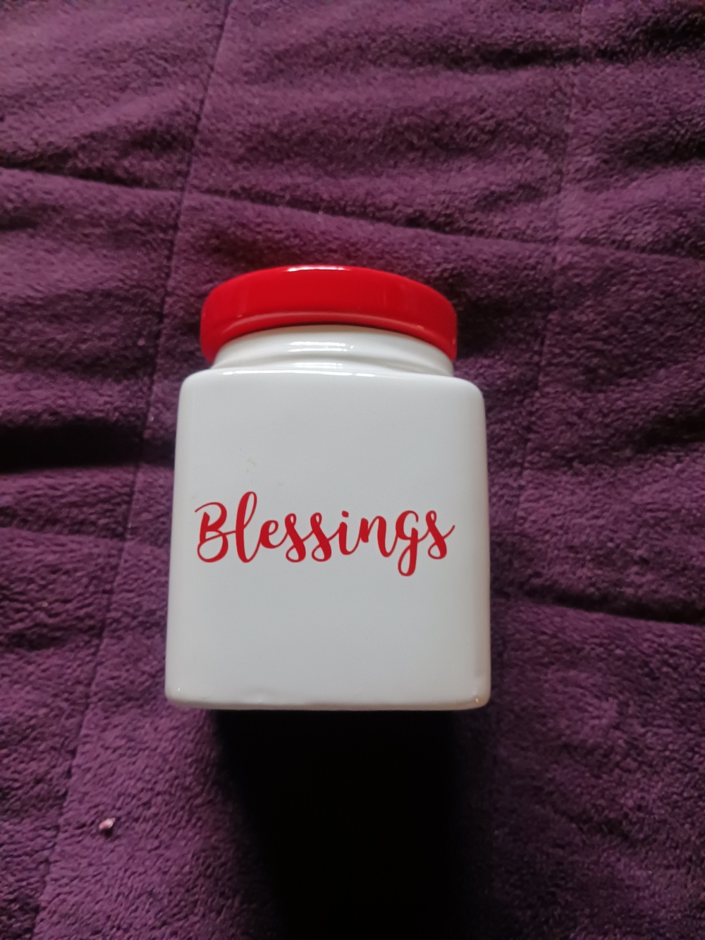 Source Unknown White Ceramic Canister with Red Script and Lid